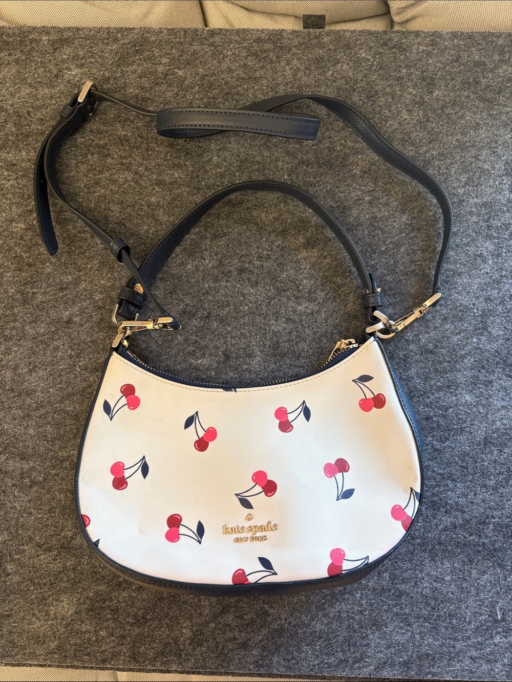 kate spade White Cherry-Print Crescent Crossbody with Black Trim